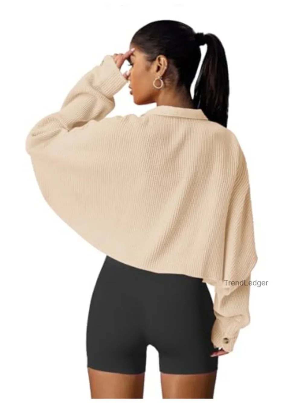Waffle Knit Cropped Cardigan Button Down Long Sleeve Shacket Oversized